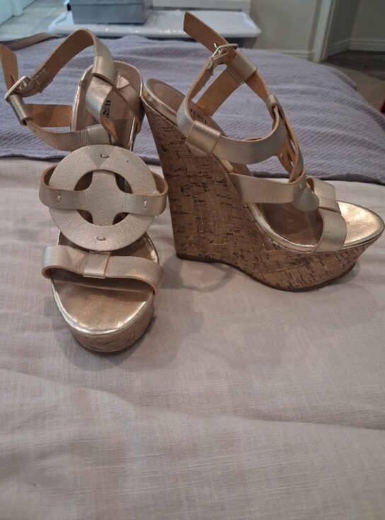 JustFab Shoes - Just Fab Metallic Gold Cork Wedge Sandals - Women Size 8